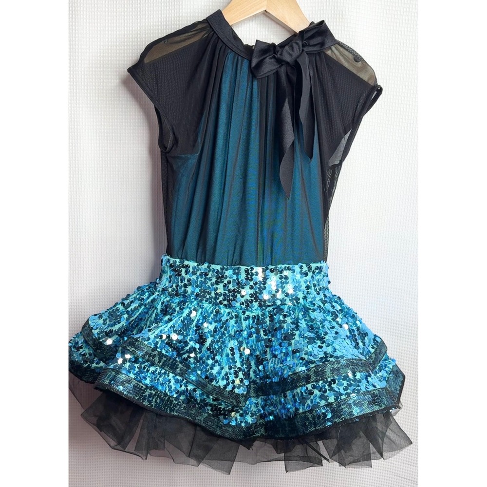 Weissman Girls 7/8 Blue Sequin Dance Costume Dressup IC 12052 Black Teal